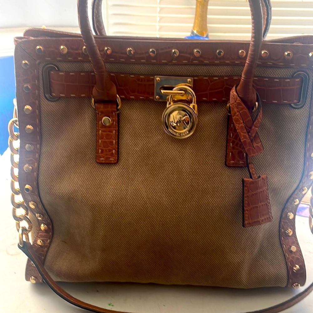 Michael Kors, Hamilton large studio hemp walnut croc satchel bag